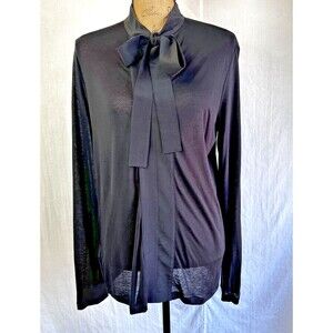 Stefanel Women's Black Bow Tie Semi-Sheer Soft Long Sleeve Blouse Top Sz L